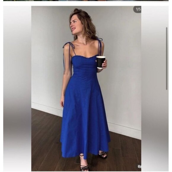 Zara Womens Bloggers Favorite Strappy Poplin Tie Midi Dress Blue Size Medium - Picture 1 of 15
